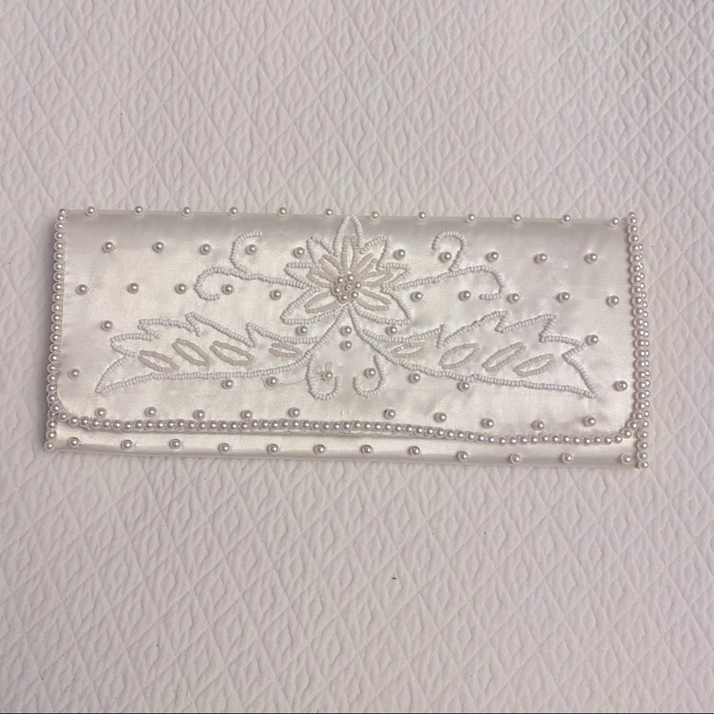 Vintage Faux Pearl Beaded Satin Evening Bag Baguette
